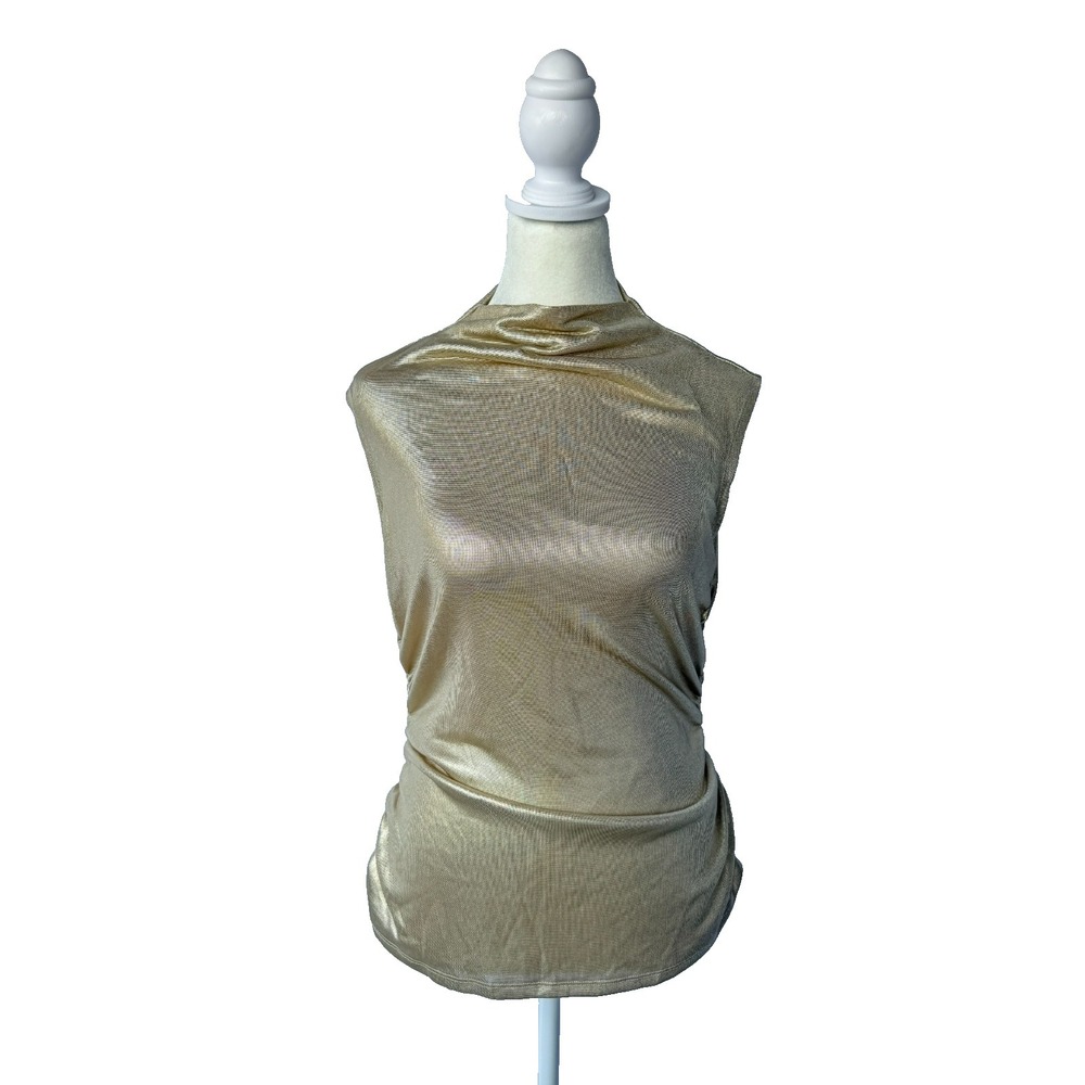 Rebecca Minkoff Gold Metallic Mock Neck Top Womens Small Glam Party Disco Liquid